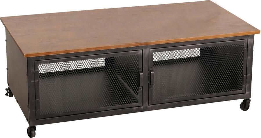 MCW Salontafel -N28 sofatafel wielen 2 vakken 3D structuur industrieel retro metaal hout 45x120x60cm ~ zwart bruin