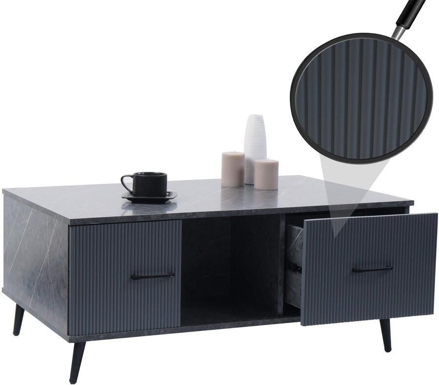 MCW Salontafel -N89 bijzettafel sofatafel laden deuren vakken melamine hout 43x100x60cm ~ marmer look grijs