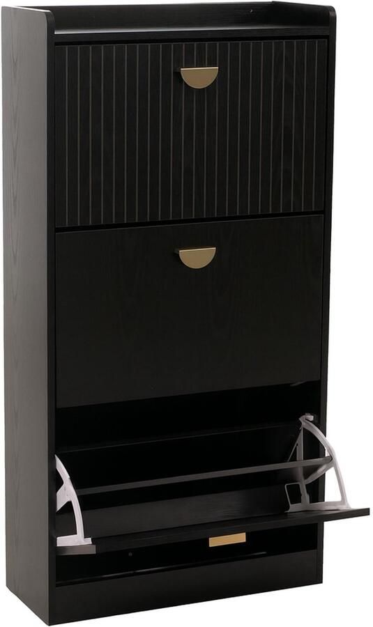 MCW Schoenenkast -O39 schoenenrek met 3 kleppen MDF melamine metaal 117x60x24cm ~ houtlook zwart