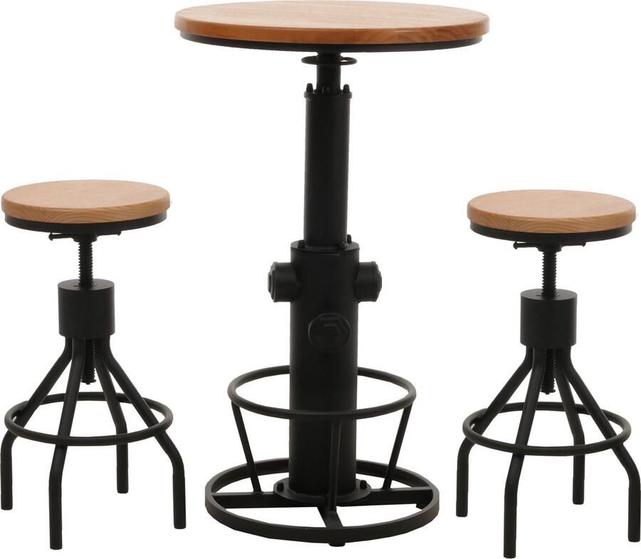 MCW Set bartafel + 2x barkruk -N17 barkruk hoge tafel in hoogte verstelbaar draaibare voetensteun industrieel hout ~ natuur