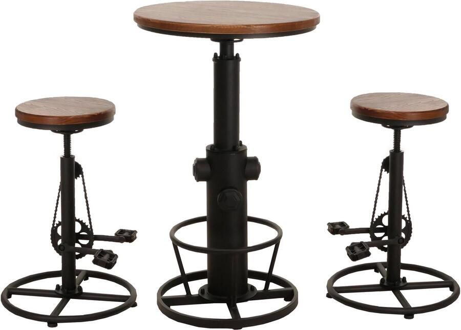 MCW Set bartafel + 2x barkruk -N20 barkruk hoge tafel in hoogte verstelbaar draaibaar voetensteun industrieel hout ~ bruin