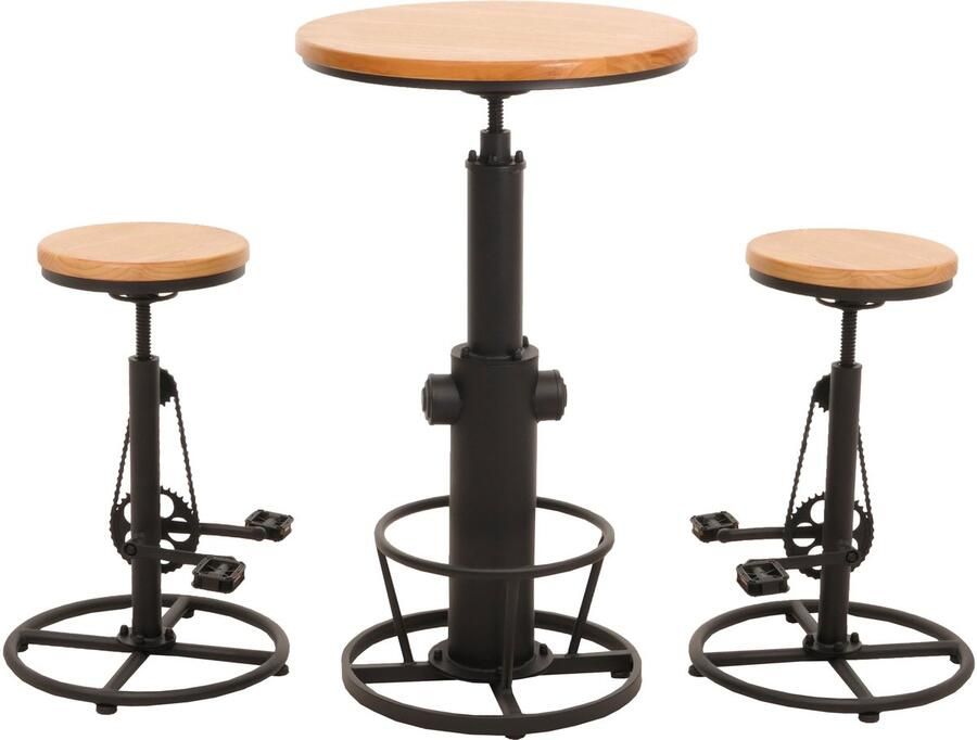 MCW Set bartafel + 2x barkruk -N20 barkruk hoge tafel in hoogte verstelbaar draaibare voetensteun industrieel hout ~ natuur