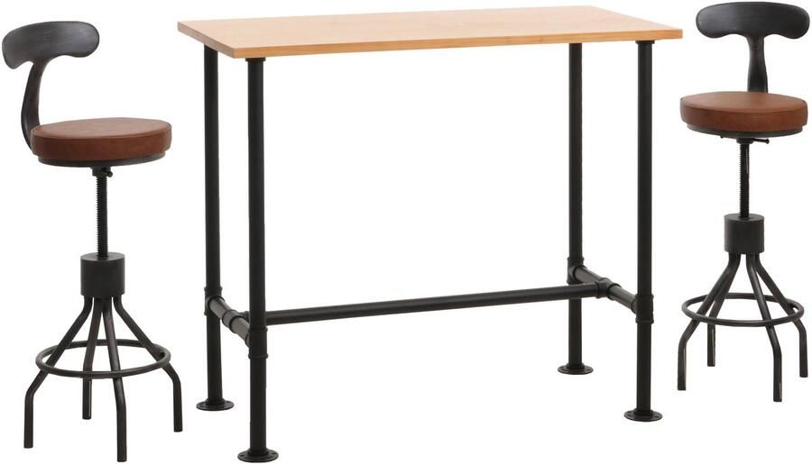 MCW Set bartafel + 2x barkruk -N21 in hoogte verstelbare draaibare voetensteun industrieel metaal kunstleer ~ naturel bruin