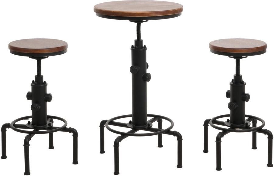 MCW Set bartafel + 2x barkruk -N23 barkruk hoge tafel in hoogte verstelbaar draaibare voetensteun industrieel ijzer hout ~ bruin