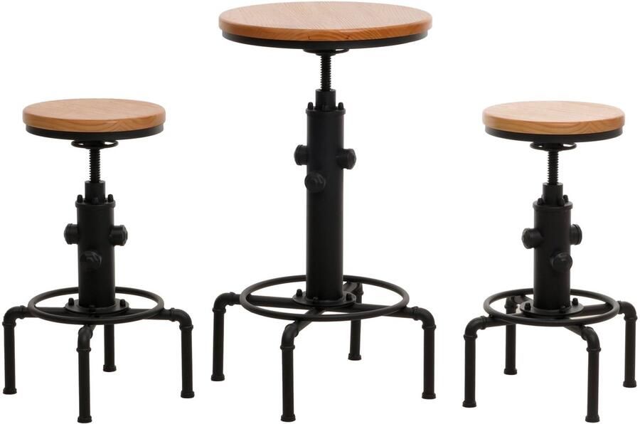 MCW Set bartafel + 2x barkruk -N23 barkruk hoge tafel in hoogte verstelbaar draaibare voetensteun industrieel ijzer hout ~ naturel