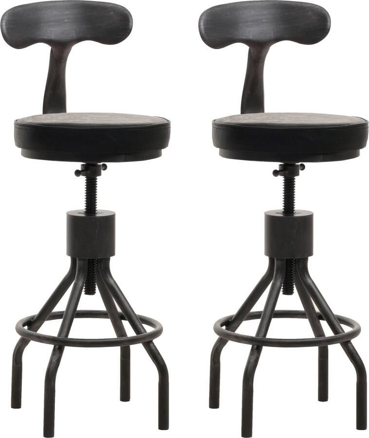 MCW Set van 2 barkrukken -N22 barkruk in hoogte verstelbare draaibare voetensteun industrieel staal kunstleer ~ zwart