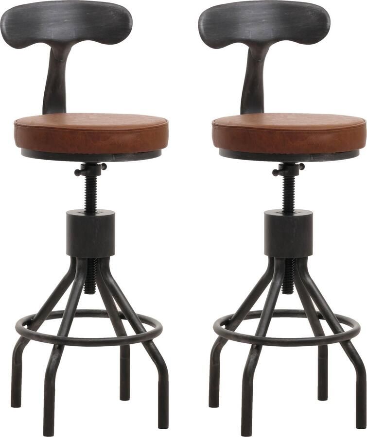 MCW Set van 2 barkrukken -N22 barkruk in hoogte verstelbare draaibare voetensteun industrieel staal kunstleer ~ bruin