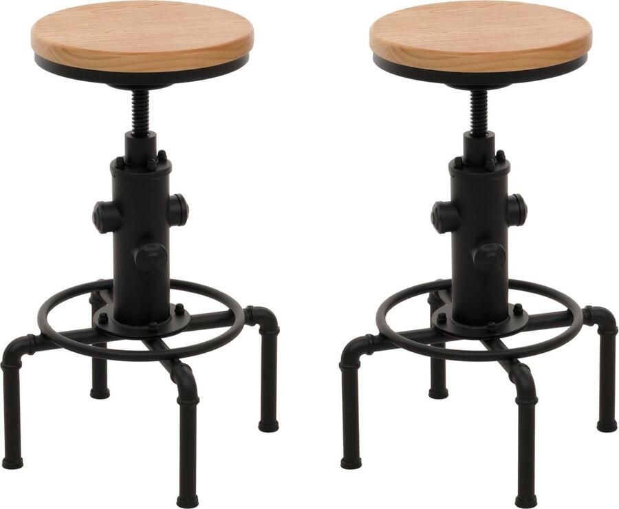 MCW Set van 2 barkrukken -N23 barkruk in hoogte verstelbaar draaibaar voetensteun industrieel staal massief hout ~ natuur