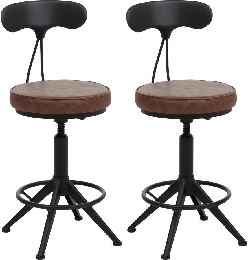 MCW Set van 2 barkrukken -O84 barkruk draaibare kruk Industrial in hoogte verstelbaar kunstleer metaal ~ bruin