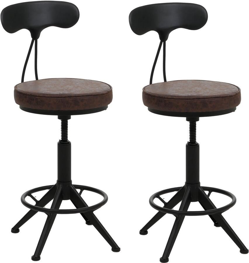 MCW Set van 2 barkrukken -O84 barkruk draaibare kruk Industrial in hoogte verstelbaar kunstleer metaal ~ bruin-zwart