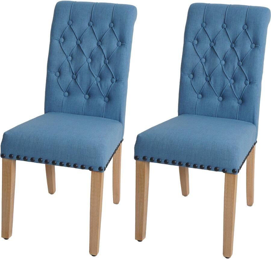 MCW Set van 2 eetkamerstoelen -O66 keukenstoel met bekleding Chesterfield-rieten stof textiel ~ lichtblauw