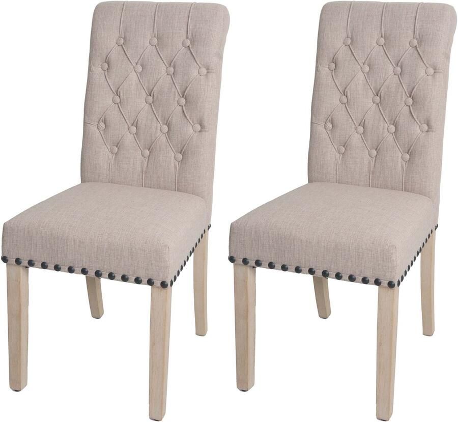 MCW Set van 2 eetkamerstoelen -O66 keukenstoel met bekleding Chesterfield-studs stof textiel ~ beige