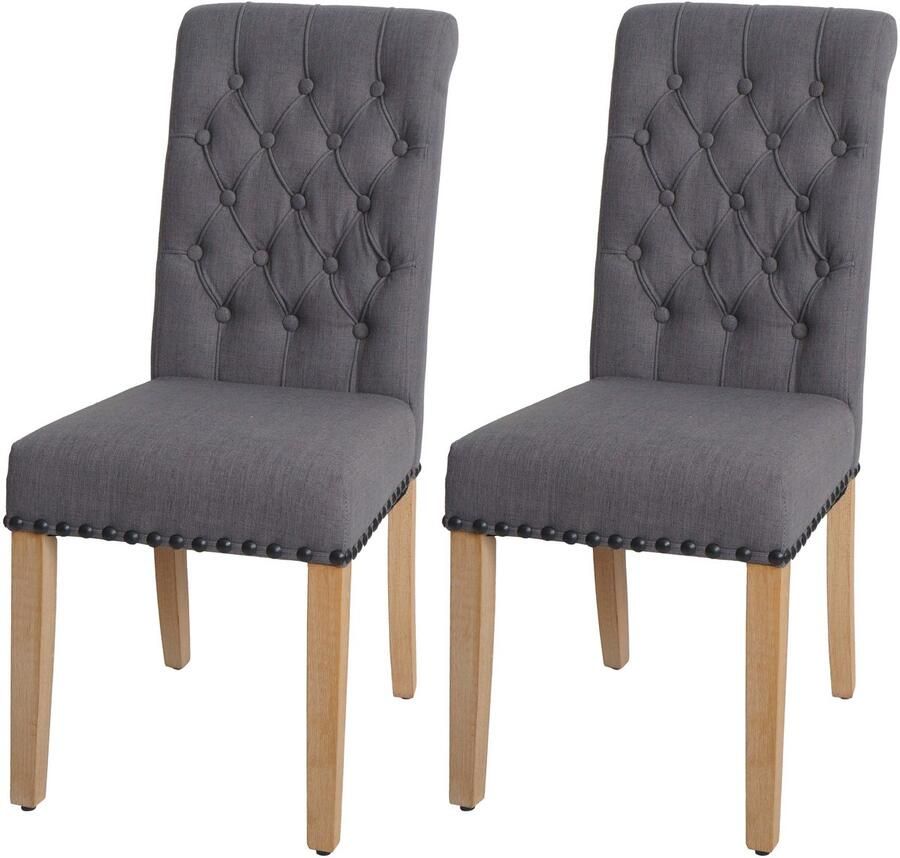 MCW Set van 2 eetkamerstoelen -O66 keukenstoel met bekleding Chesterfield-studs stof textiel ~ grijs