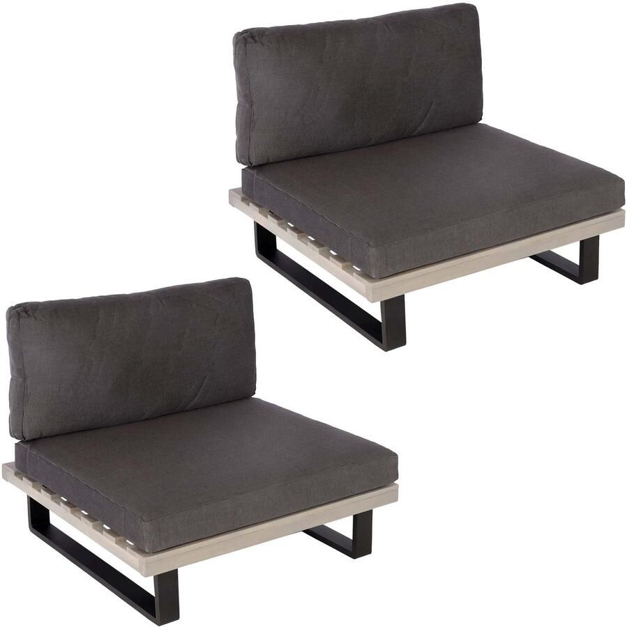 MCW Set van 2 loungestoelen -H54 tuinstoelen gesponnen poly acaciahout FSC-gecertificeerd aluminium ~ grijs kussen donkergrijs