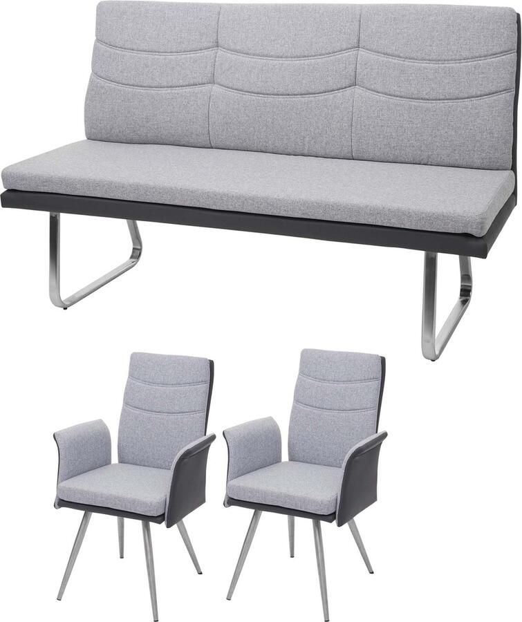 MCW Set van 2x eetkamerstoel + bankje -G54 bankje keukenstoel met armleuning stof kunstleer roestvrij staal ~ grijs bankje 160cm