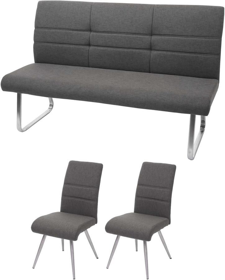 MCW Set van 2x eetkamerstoel + bankje -G55 bankje keukenstoel + armleuning stof textiel roestvrij staal ~ grijsbruin bankje 160cm