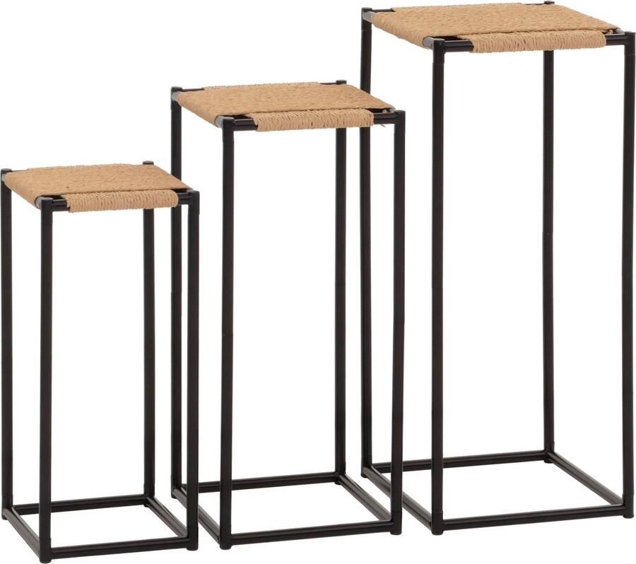 MCW Set van 3 bloementafels -N70 bijzettafel bloemenstandaard plank stapelbaar metalen papieren koord ~ natuurlijke kleur