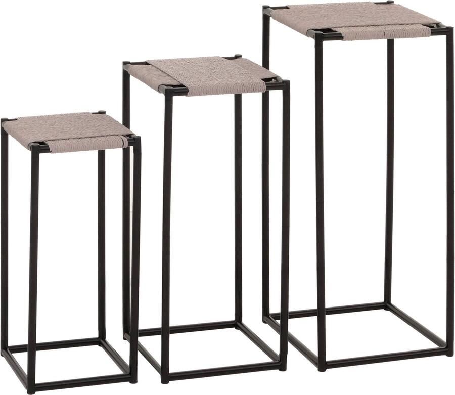 MCW Set van 3 bloementafels -N70 bijzettafel bloemenstandaard stapelbaar metalen papieren koord ~ grijs