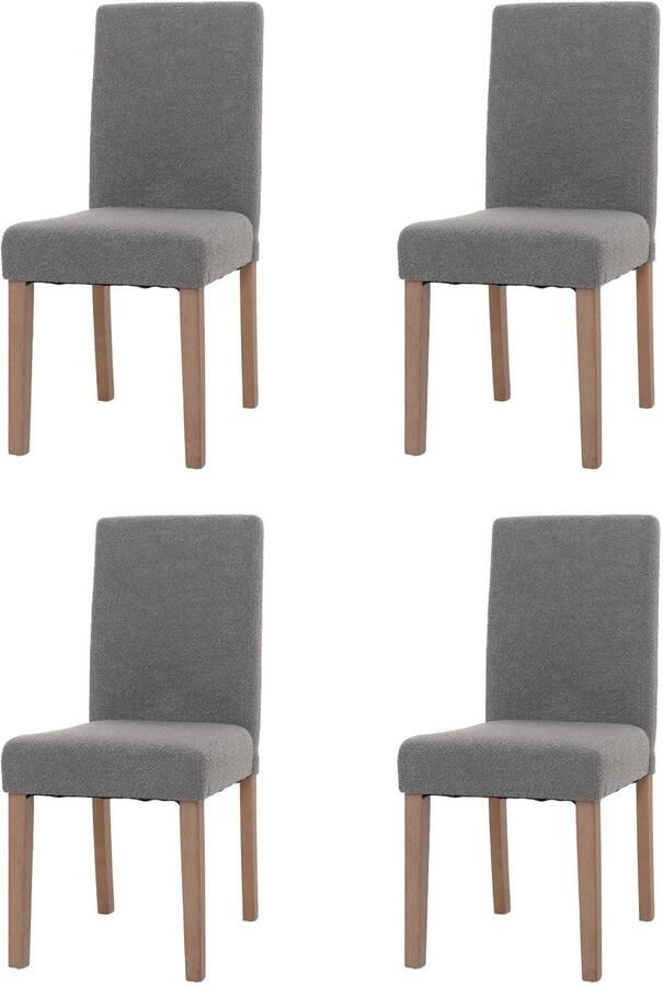 MCW Set van 4 eetkamerstoelen Littau keukenstoel met hoge rugleuning stof textiel bouclé hout ~ grijs naturelkleurige poten