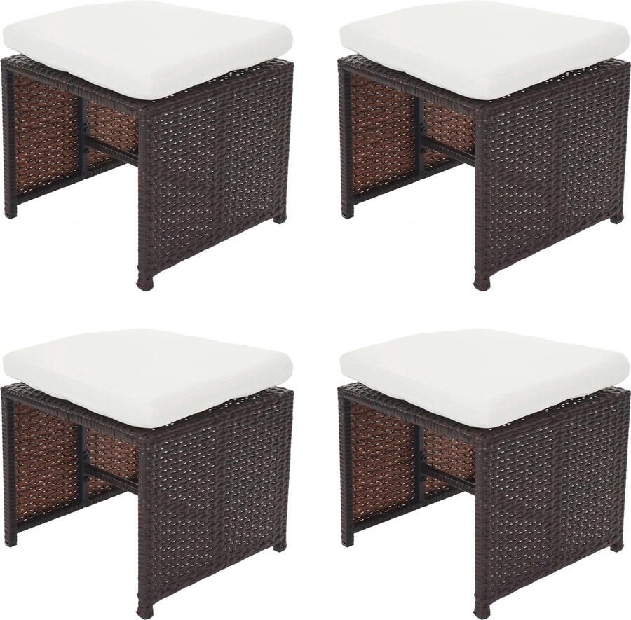 MCW Set van 4 poly rotan krukjes Kreta tuinkruk zitkruk ~ bruin kussens crème