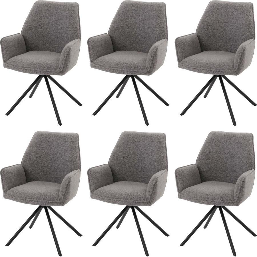MCW Set van 6 eetkamerstoelen -G67 keukenstoel met armleuning draaibare autostand stof bouclé Oeko-Tex MVG ~ lichtgrijs