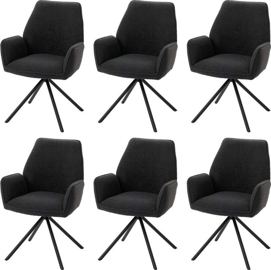 MCW Set van 6 eetkamerstoelen -G67 keukenstoel met armleuning draaibare autostand stof bouclé Oeko-Tex MVG ~ donkergrijs