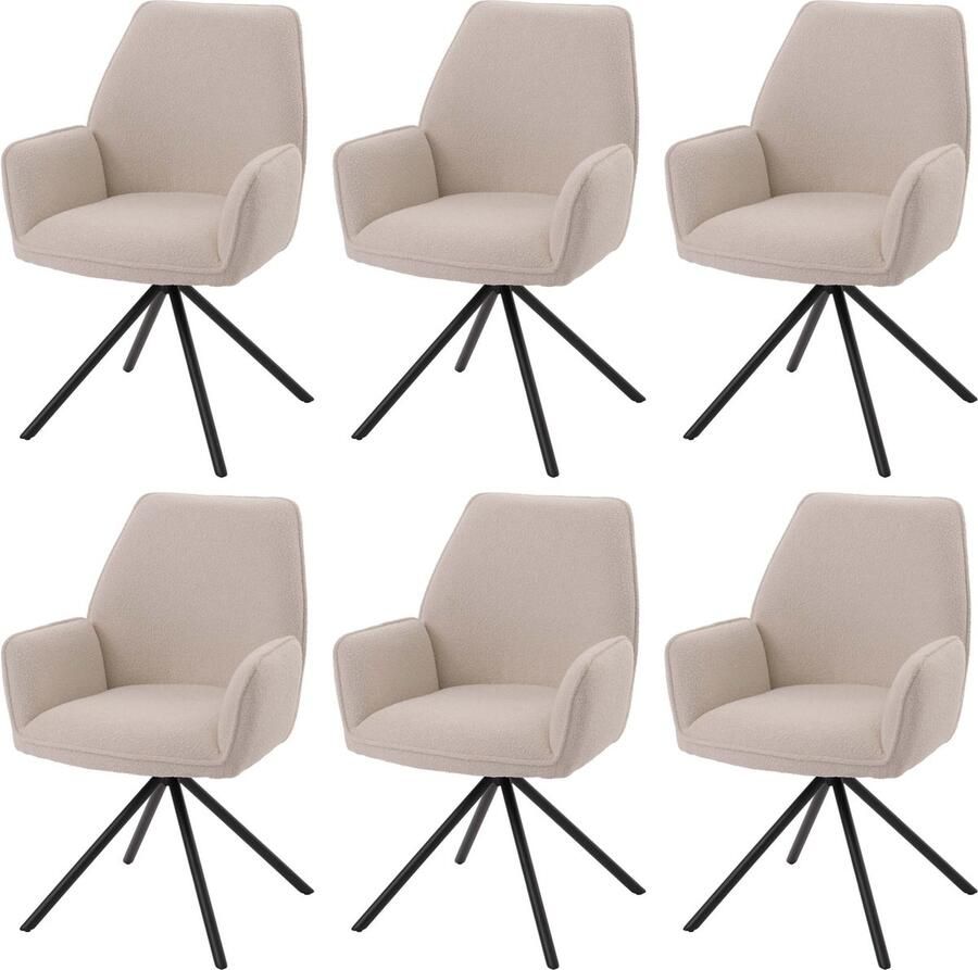 MCW Set van 6 eetkamerstoelen -G67 keukenstoel met armleuning draaibare autostand stof bouclé Oeko-Tex MVG ~ crème