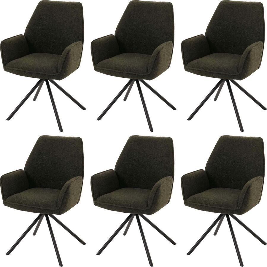 MCW Set van 6 eetkamerstoelen -G67 keukenstoel met armleuning draaibare autostand stof bouclé Oeko-Tex MVG ~ olijfgroen