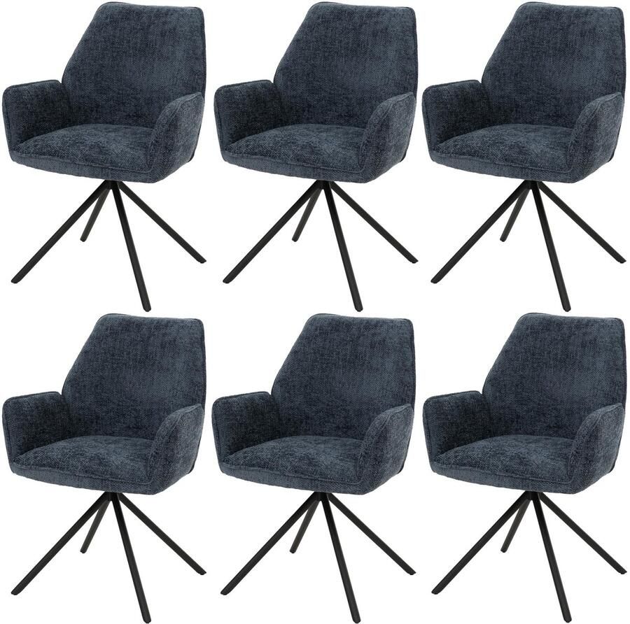 MCW Set van 6 eetkamerstoelen -G67 keukenstoel met armleuningen draaibaar automatische positie chenille Öko-Tex MVG ~ donkerblauw