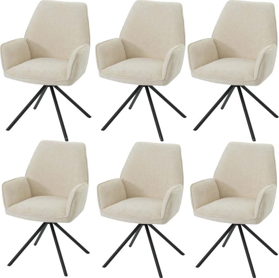 MCW Set van 6 eetkamerstoelen -G67 keukenstoel Stoel met armleuning draaibare autostand chenille Oeko-Tex MVG ~ crème