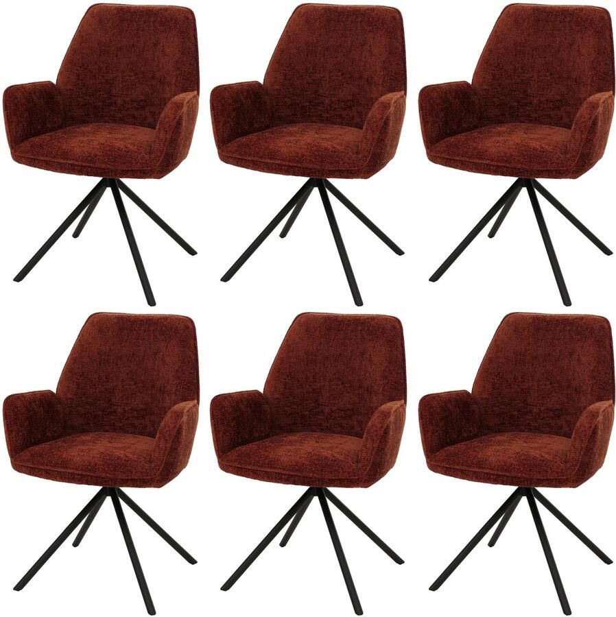 MCW Set van 6 eetkamerstoelen -G67 keukenstoel Stoel met armleuningen draaibaar Auto-positie Chenille Öko-Tex MVG ~ roestrood