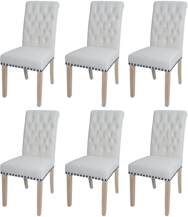 MCW Set van 6 eetkamerstoelen -O66 keukenstoel met bekleding Chesterfield-rieten stof textiel ~ wit