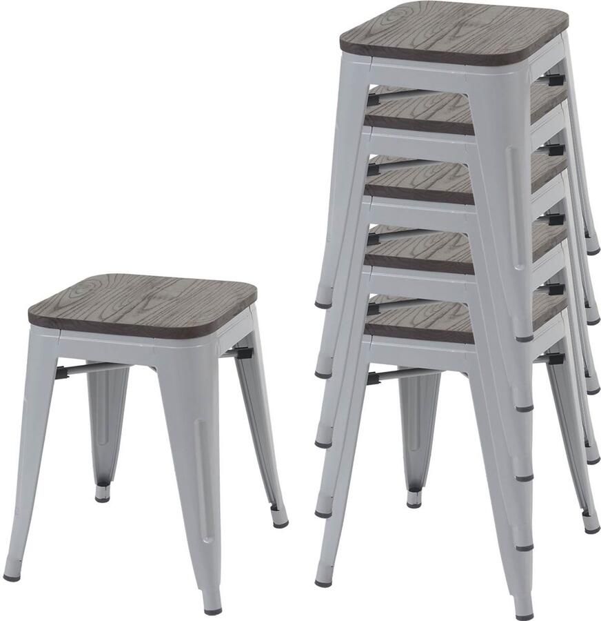 MCW Set van 6 krukken -A73 incl. houten zitting metalen kruk zitting kruk metalen industrieel ontwerp stapelbaar ~ grijs