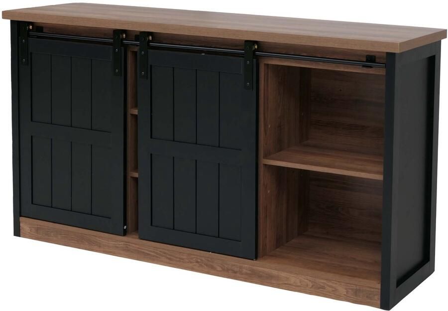 MCW Sideboard -K75 hoog dressoir met schuifdeuren 7 vakken houtlook industrieel metaal 84x150x40 cm ~ bruin-zwart