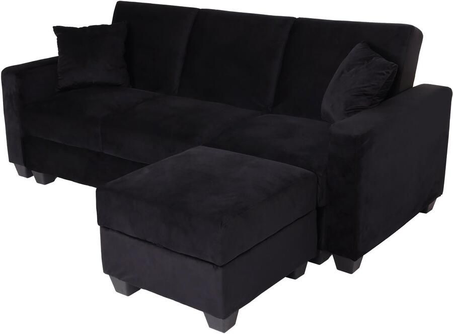 MCW Sofa -H47 met voetenbank slaapbank logeerbed slaapfunctie opbergruimte 217x145cm ~ fluweel zwart
