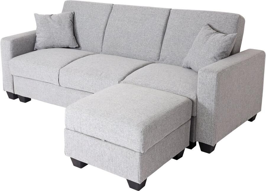 MCW Sofa -H47 met voetenbank slaapbank logeerbed slaapfunctie opbergruimte 217x145cm ~ stof textiel lichtgrijs