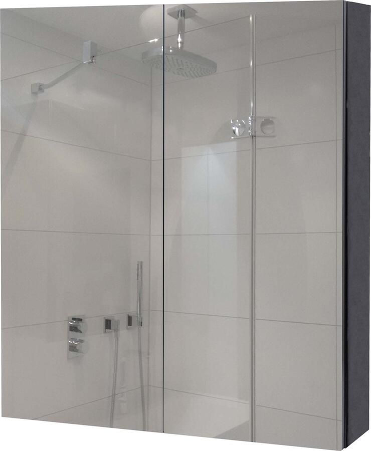 MCW Spiegelkast -B19b badkamermeubel wandmeubel 2 planken hoogglans MVG-gecertificeerd 70x60x16cm ~ zwart