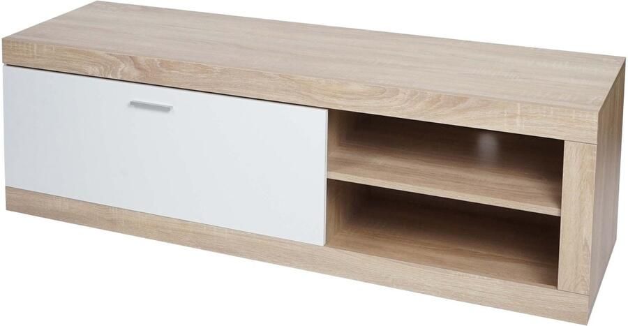 MCW TV-rek -L33 TV-standaard TV-tafel lowboard TV-kast ladekast hout 43x140x41cm opbergvak eiken-look wit