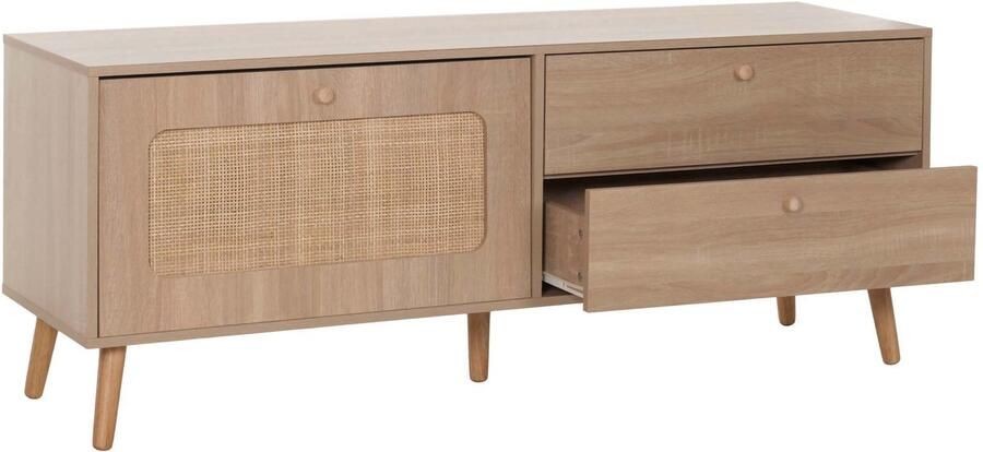 MCW TV-rek -M38 lowboard TV-tafel TV-meubel ladekast lade deur Kubu rotan hout 56x140x41cm eiken-look