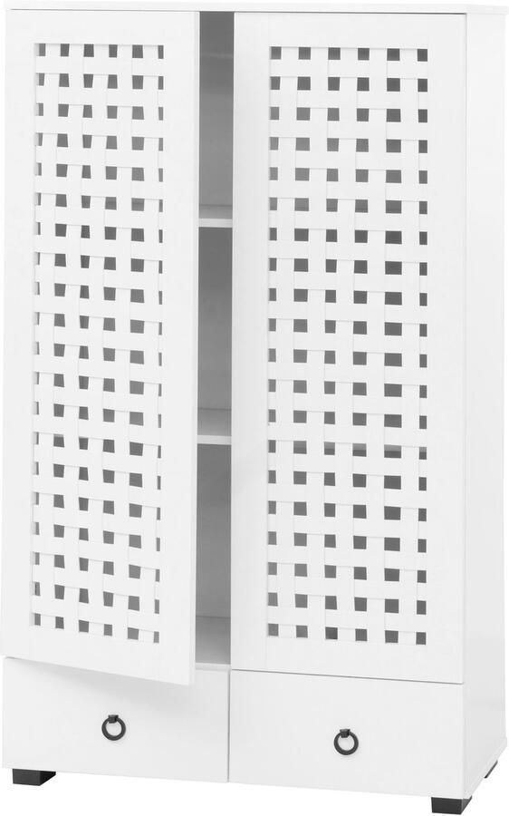 MCW Vitrinekast -N87 woonkamer kast 3D rieten design 2 deuren 3 opbergvakken 2 soft-close laden 138x80x36cm ~ wit