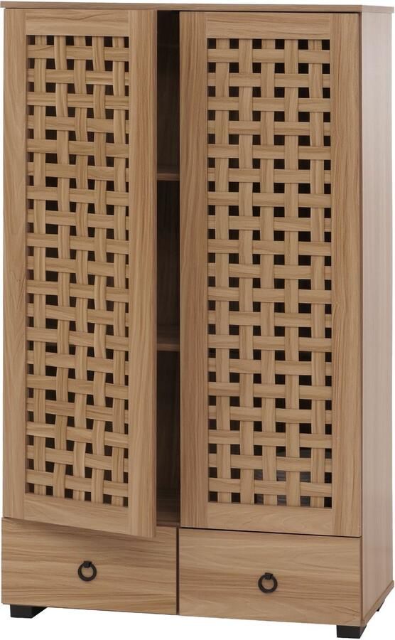 MCW Vitrinekast -N87 woonkamer kast 3D vlechtwerk design 2 deuren 3 opbergvakken 2 soft-close laden 138x80x36cm ~ bruin