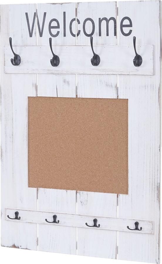MCW Wandkapstok -C89 met prikbord kapstokpaneel shabby look vintage 8 haken 91x60cm ~ wit shabby