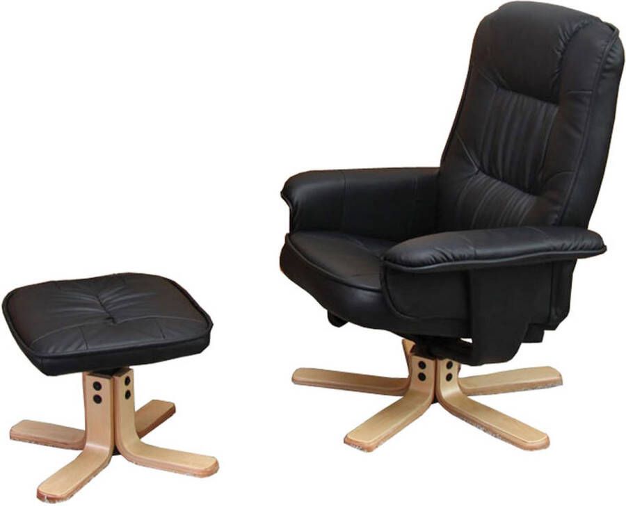 MCW Relax fauteuil M56 TV fauteuil met poef voetenbankje kunstleer eucalyptushout ~ zwart