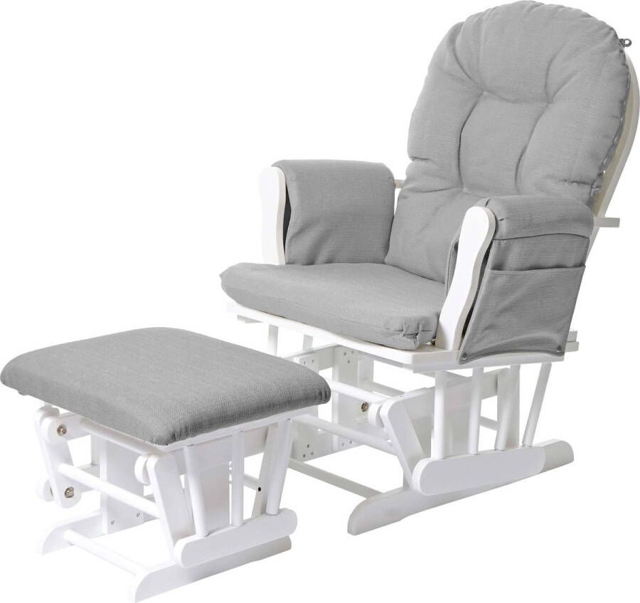 MCW Relaxfauteuil -C76 schommelstoel met kruk ~ stof textiel lichtgrijs frame wit
