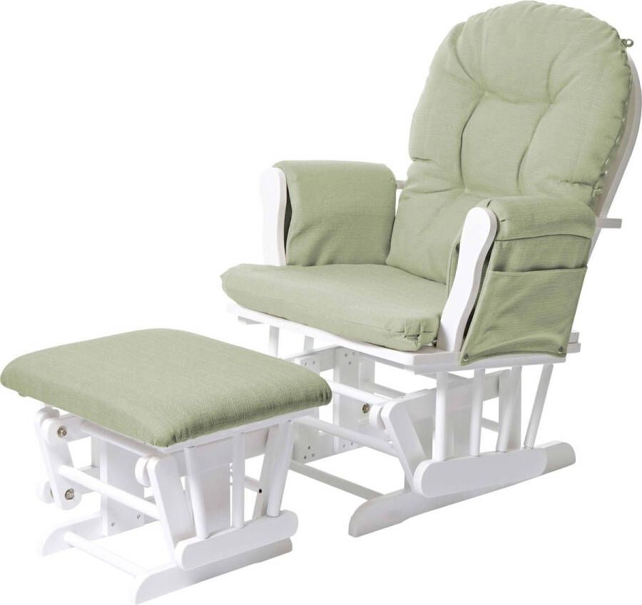 MCW Relaxfauteuil -C76 schommelstoel met kruk ~ stof textiel lichtgroen frame wit