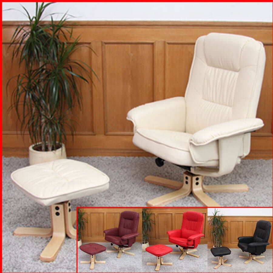 MCW Relaxfauteuil M56 TV-fauteuil met voetenbankje kunstleer eucalyptushout ~ bordeaux