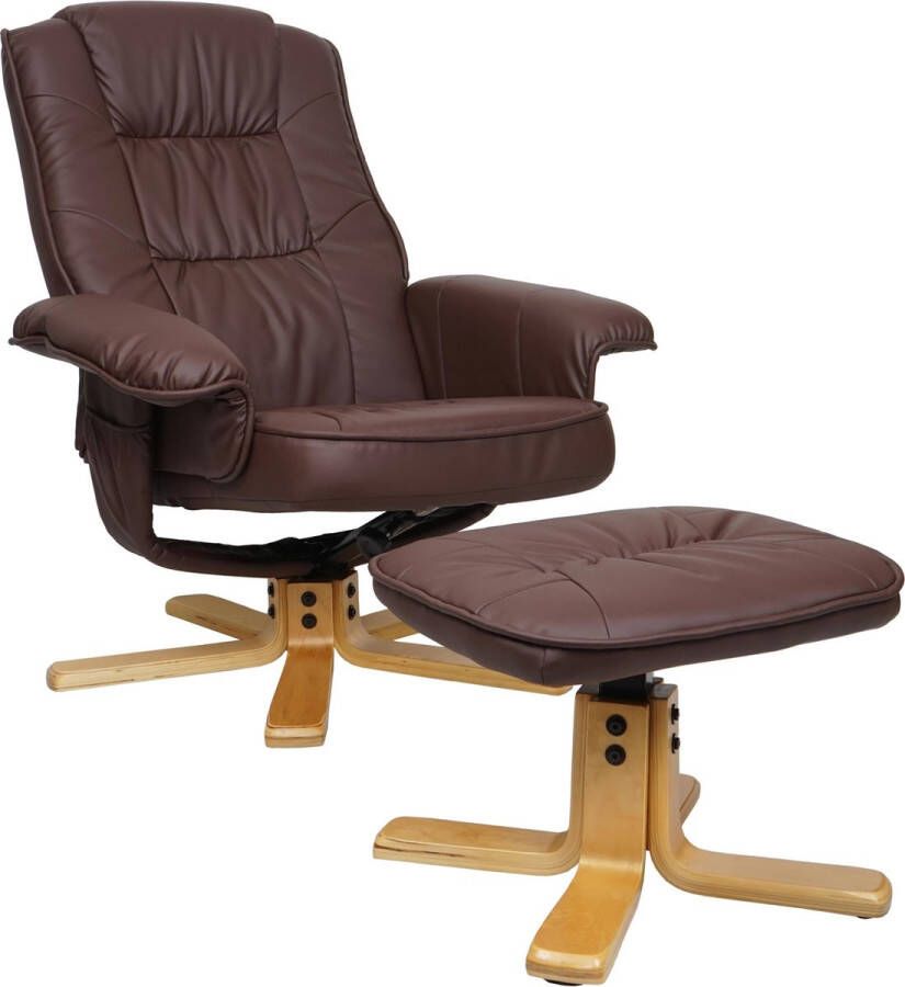 MCW Relaxfauteuil M56 TV-fauteuil met voetenbankje kunstleer eucalyptushout ~ roodbruin