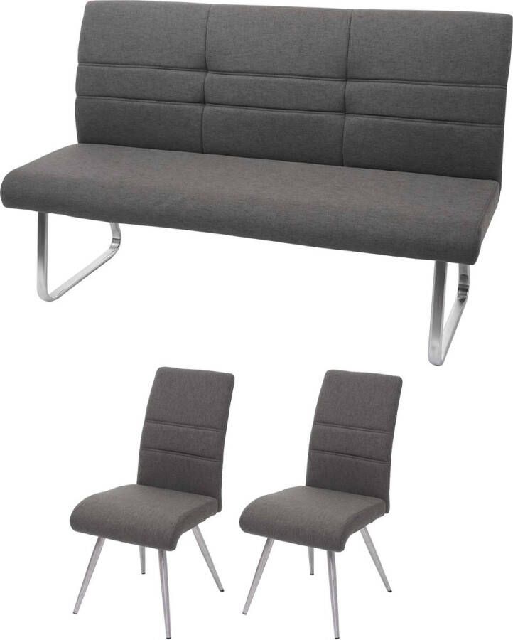 MCW Set 2x eetkamerstoel + bankje -G55 bankje keukenstoel stoel stof textiel roestvrij staal ~ grijsbruin bankje 180cm