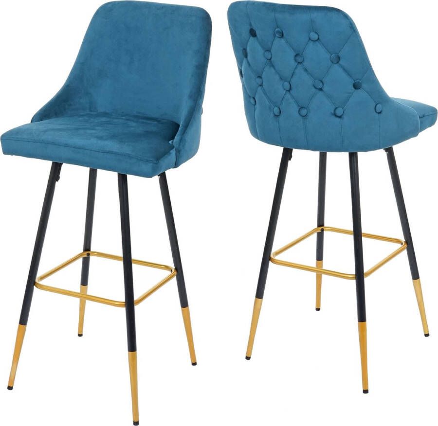 MCW Set van 2 barkrukken -E70 barkruk tegenkruk retro design fluwelen gouden stokjes pootjes ~ petrol-blauw