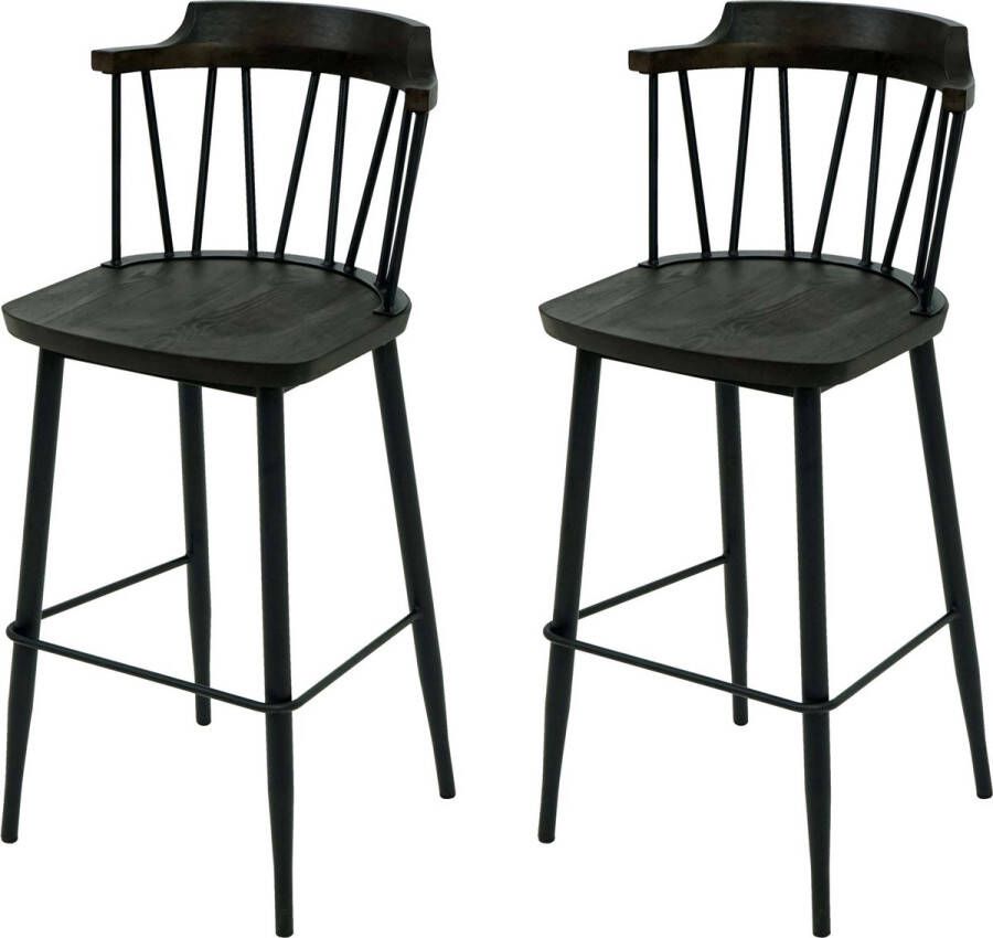 MCW Set van 2 barkrukken -G69b barkruk barstoel massief hout retro design metalen voetsteun gastronomie ~ vintage bruin